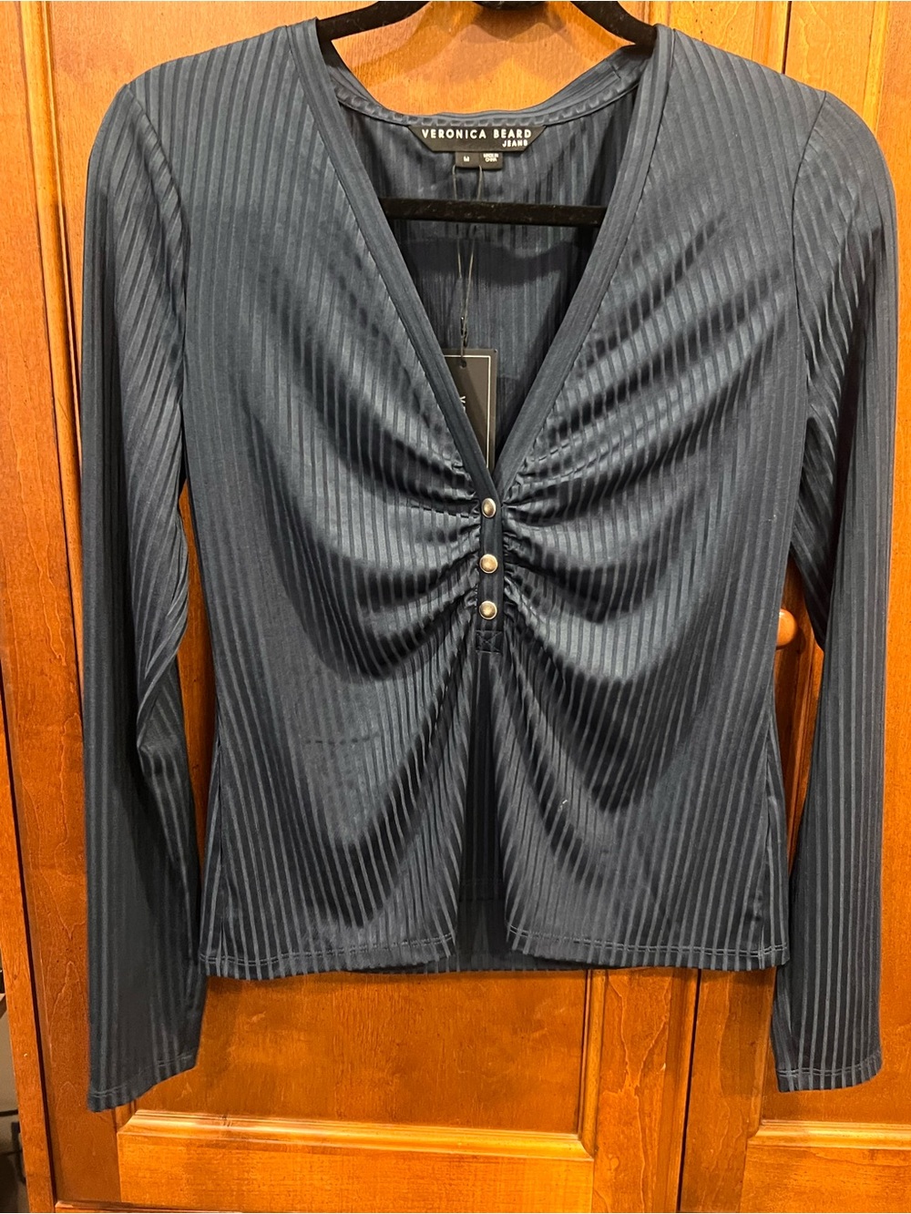 Veronica Beard Slate Navy Ribbed Long-Sleeve V-Neck Top with Front Buttons